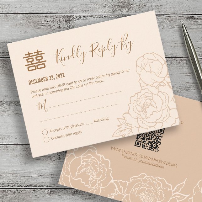 RSVP de Casamento Elegante Chinês de Peony com Cód (Criador carregado)