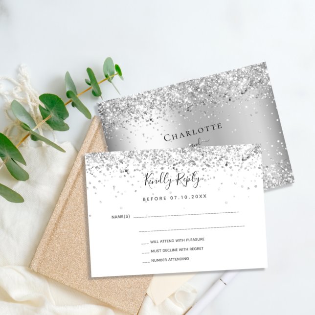 RSVP de casamento elegante com brilho branco prate (Criador carregado)