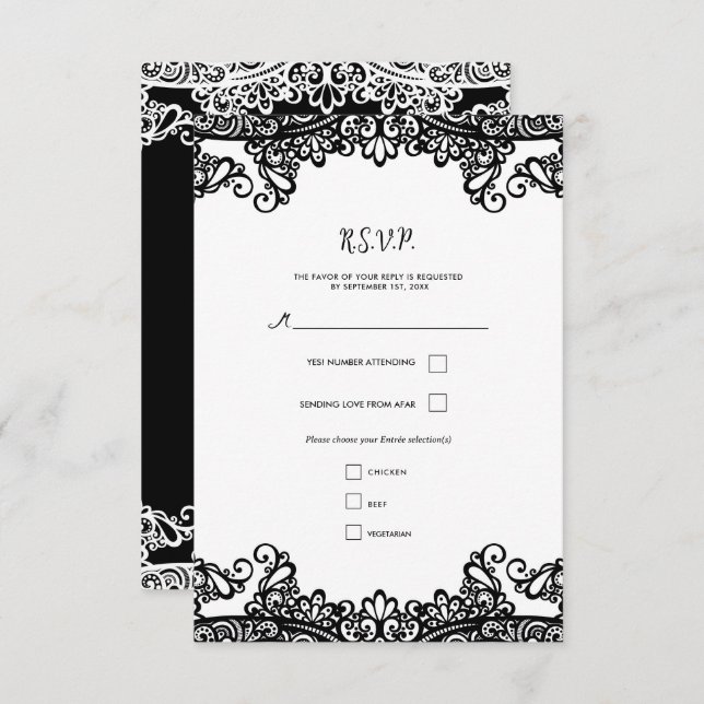 RSVP de Casamento Elegante de Lace Preto e Branco (Frente/Verso)