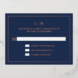 RSVP de Casamento Elegante Monograma Azul Simples 
