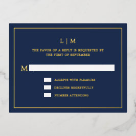 RSVP de Casamento Elegante Monograma Azul Simples 
