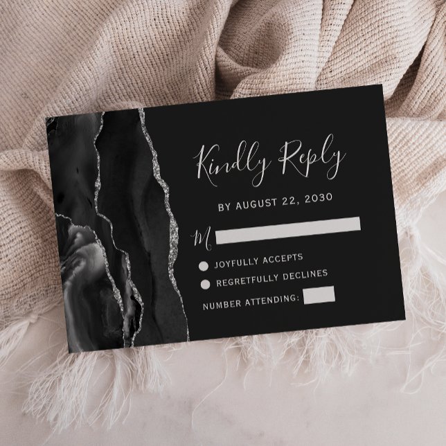 RSVP de Casamento em Ágata Prata Preta Moderna (Criador carregado)