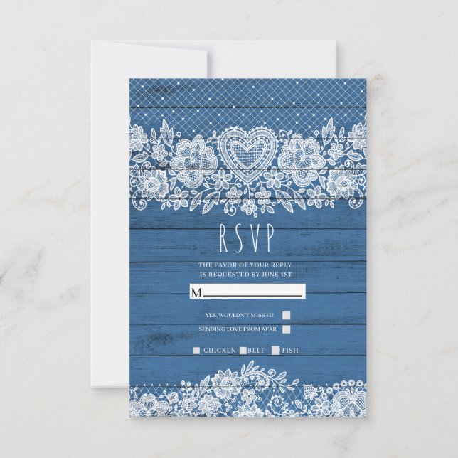 RSVP de casamento em celeiro rústico azul com rend (Frente)
