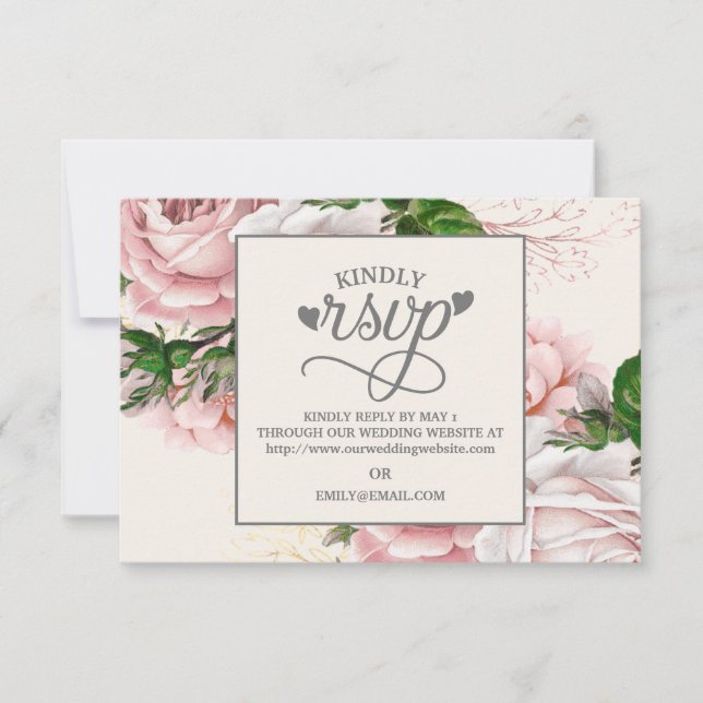 RSVP de casamento em creme com rosas florais rosa  (Frente)