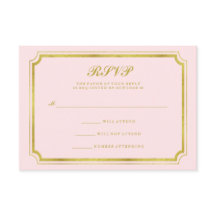 RSVP de casamento em rosa bege e dourado falso ele