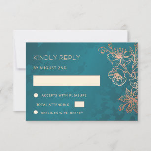 RSVP de casamento em rosa dourado floral e azul tu