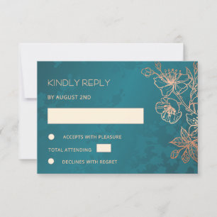 RSVP de casamento em rosa dourado floral e azul tu