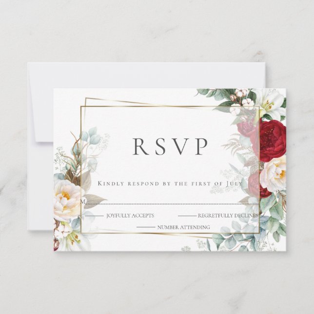 RSVP de casamento | Escarlate e Ivory Peony Floral (Frente)