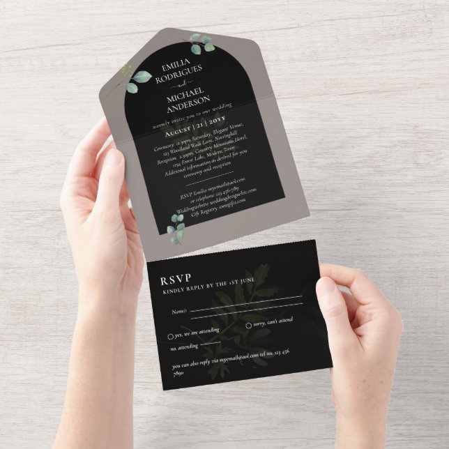 RSVP de Casamento Eucalyptus em 3in1 Verde Moderno (Aba destacável)