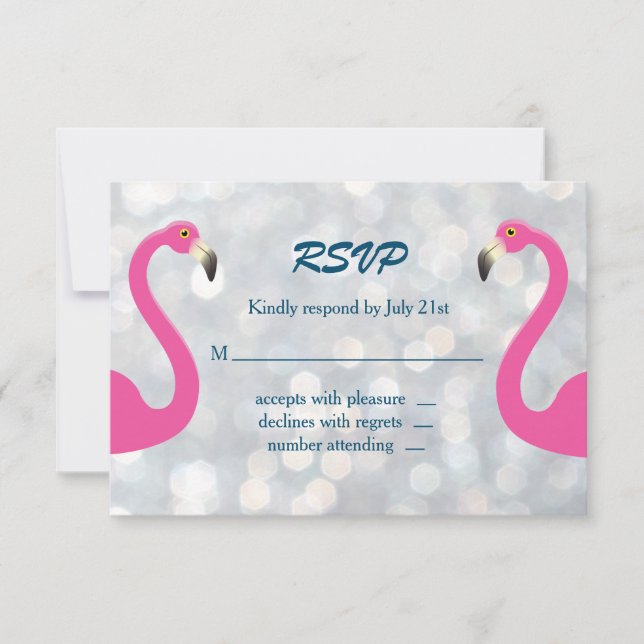 RSVP de Casamento Flamingo de Silver Sparkly (Frente)
