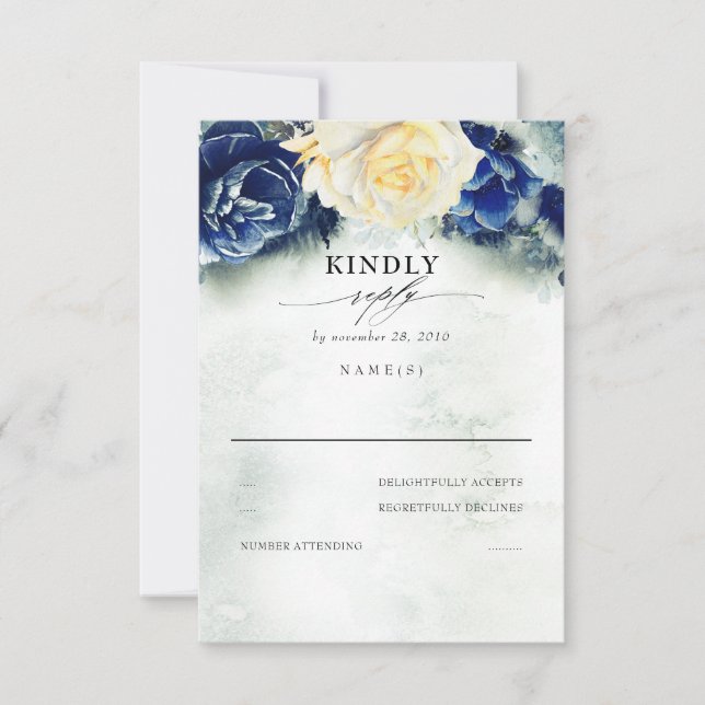 RSVP de Casamento Floral Azul Amarelo e Marinho (Frente)
