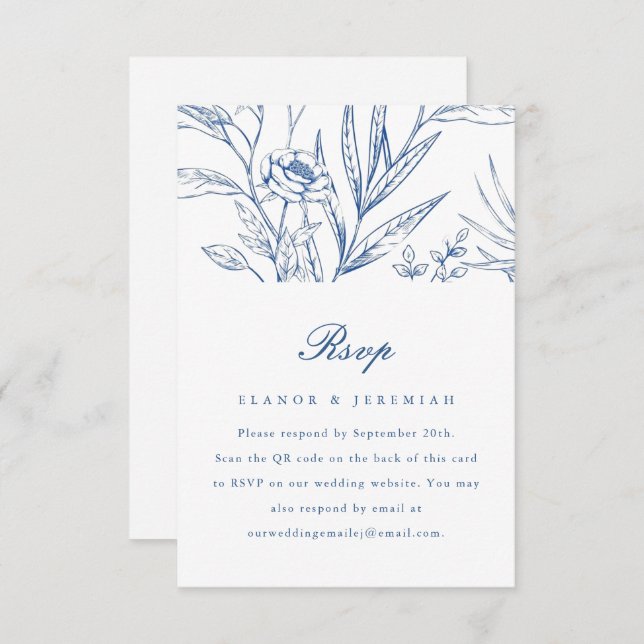 RSVP de Casamento Floral Azul Bonito com Código QR (Frente/Verso)