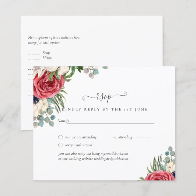 RSVP de Casamento Floral Azul Branco Azul (Frente/Verso)