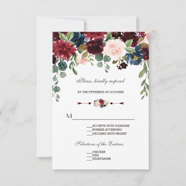 RSVP de Casamento Floral Azul do Marinho Merlot El (Frente)