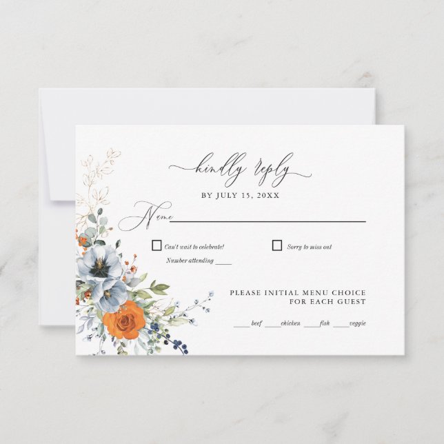 RSVP de Casamento Floral Azul e Laranja (Frente)