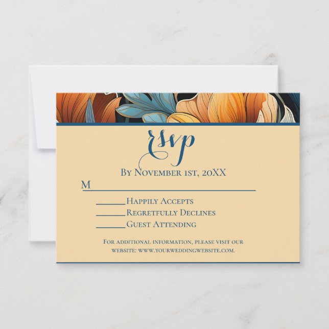 RSVP de Casamento Floral Azul e Laranja Queimado M (Frente)