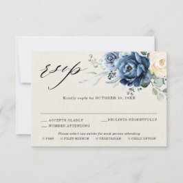 RSVP de casamento floral azul poeira champanhe mar