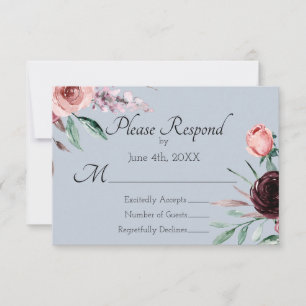 RSVP de Casamento Floral Azul Poento e Borgonha