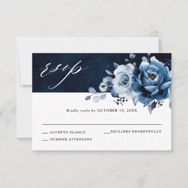 RSVP de casamento floral botânico em azul poeirent (Frente)
