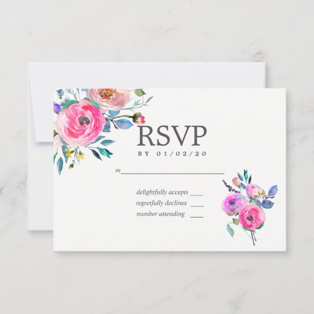 RSVP de Casamento Floral de Aquarela Rosa-Quente (Frente)