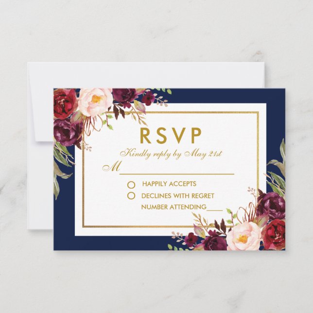 RSVP de Casamento Floral de Azul Dourado e Borgonh (Frente)