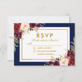 RSVP de Casamento Floral de Azul Dourado e Borgonh