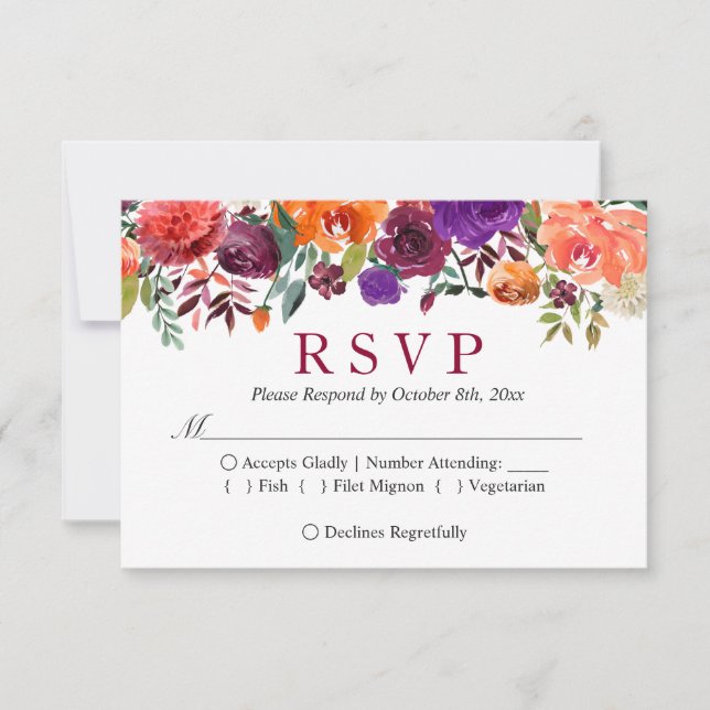 RSVP de Casamento Floral de Borgonha Laranja Roxo (Frente)