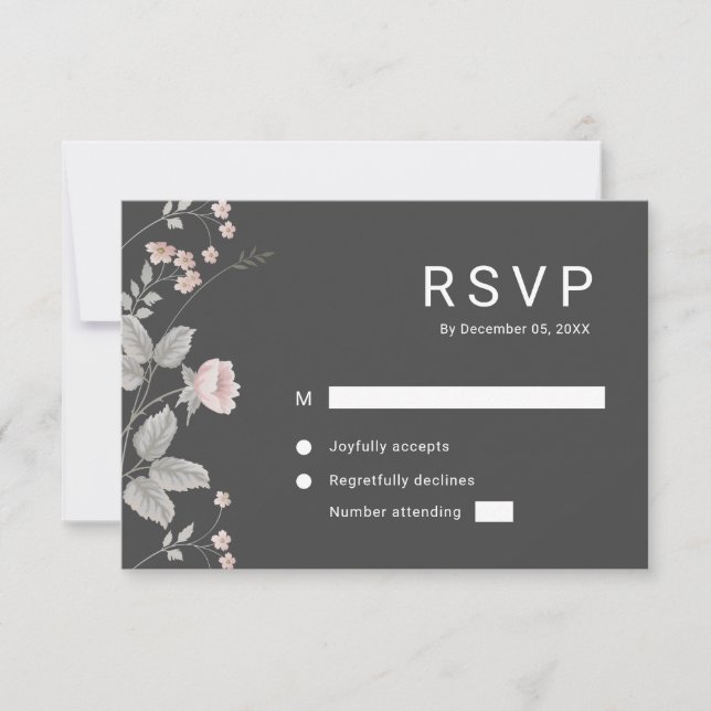 RSVP de Casamento Floral de Cinza Rosa e Escuro -  (Frente)