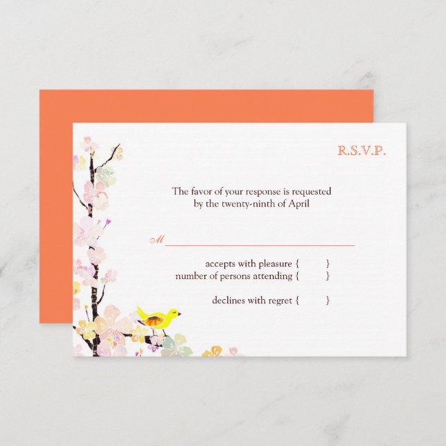 RSVP de Casamento Floral de primavera Bird White (Frente/Verso)