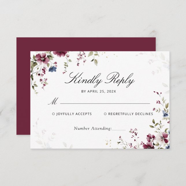 RSVP de Casamento Floral do Moderno Elegante Burgu (Frente/Verso)