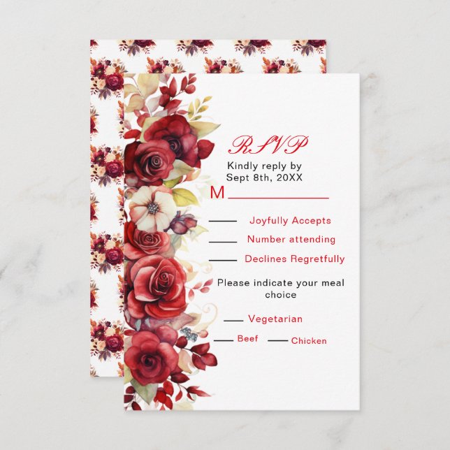RSVP de Casamento Floral do Romântico Rosa vermelh (Frente/Verso)