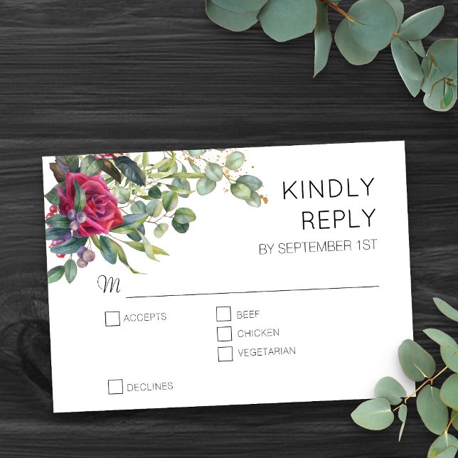 RSVP de Casamento Floral do Rosa vermelha e Eucaly (Romantic floral wedding RSVP card with entrees, from my Red Rose and Eucalyptus Wedding Collection)