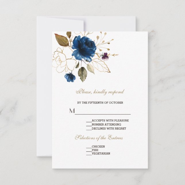 RSVP de Casamento Floral Dourado Azul (Frente)