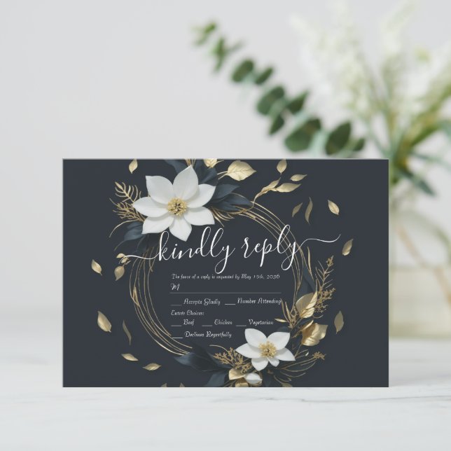 RSVP de Casamento Floral Dourado Floral  Preto Mod (Em pé/Frente)