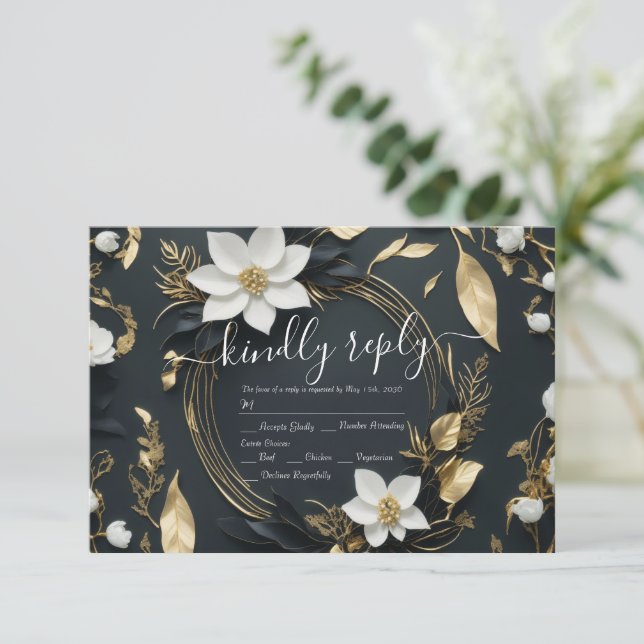 RSVP de Casamento Floral Dourado Floral  Preto Mod (Em pé/Frente)
