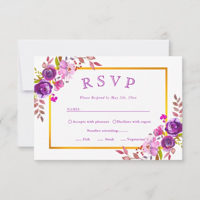 RSVP de Casamento Floral Dourado Roxo Elegante Mod (Frente)