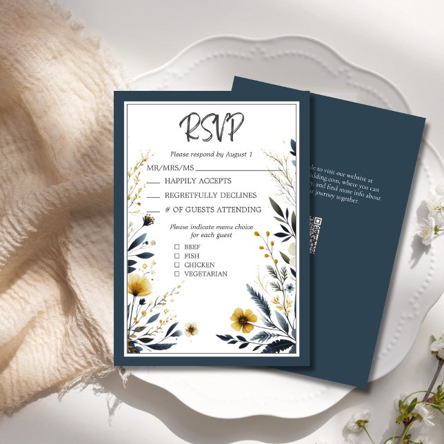 RSVP de Casamento Floral Elegante Elegante Dourado (Blue and Yellow Wildflowers Floral Elegant Wedding RSVP Card, with QR code for wedding website.)