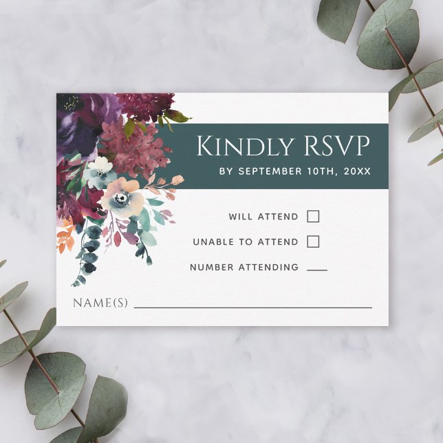 RSVP de Casamento Floral Elegante Teal Elegante Lu (Criador carregado)