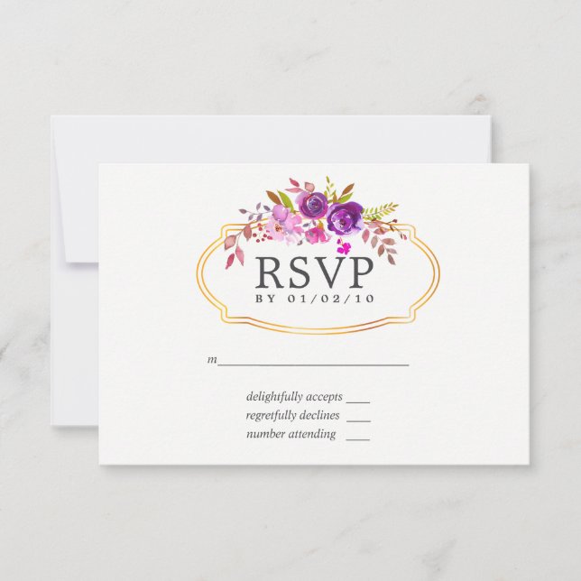 RSVP de casamento floral em aquarela roxa e violet (Frente)