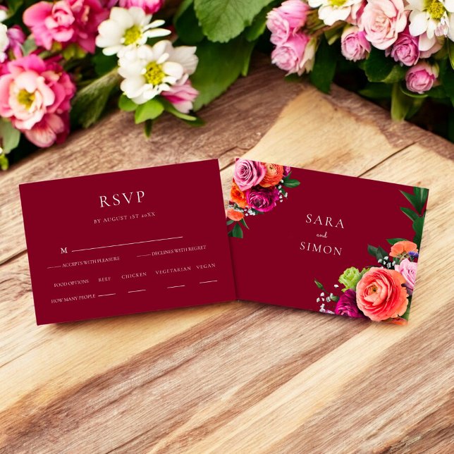 RSVP de Casamento Floral Moderno Elegante (modern burgundy wedding rsvp card with food options )