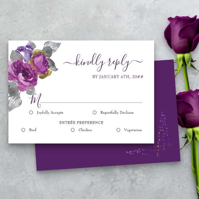 RSVP de Casamento Floral Roxo com Opções de Refeiç (Purple floral Entree option rsvp card from my Plush Purple Wedding Collection )