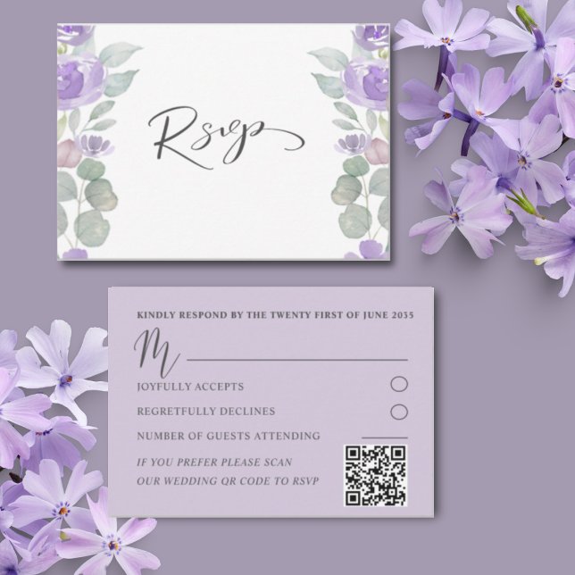 RSVP de Casamento Floral Roxo Rústico com Eucalipt (Criador carregado)