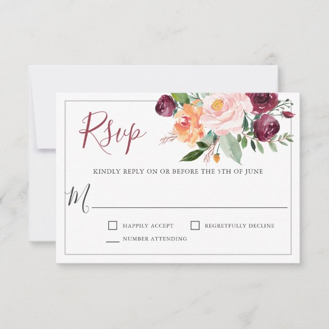 RSVP de Casamento Floral Rustic Burgundy e Pink (Frente)