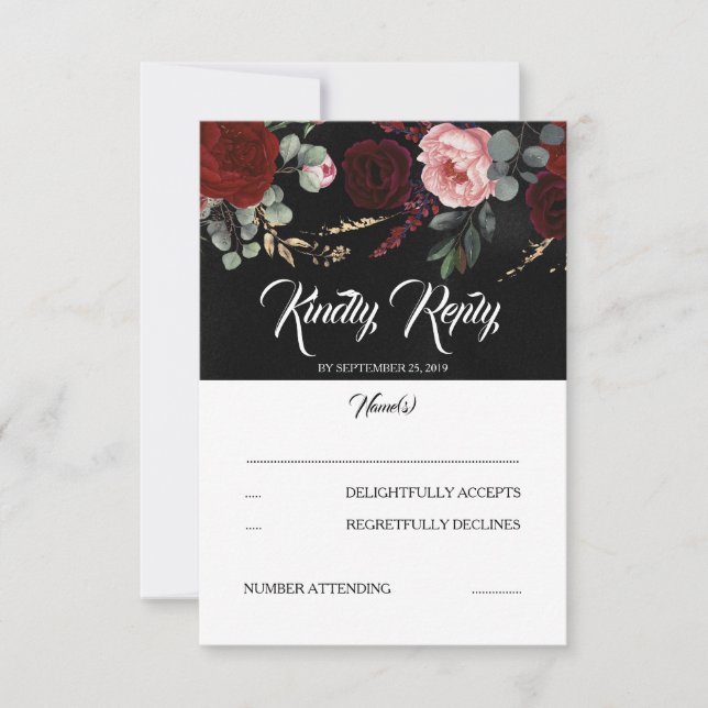 RSVP de Casamento Floral Vermelho Negro e Borgonha (Frente)
