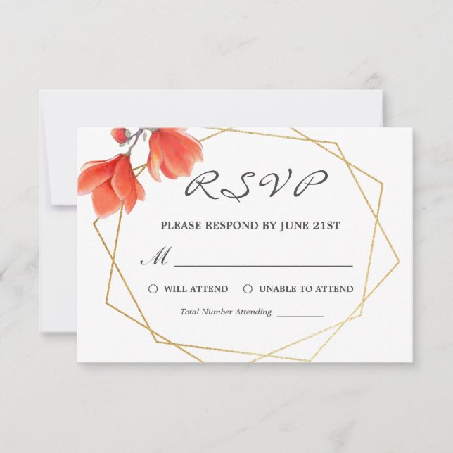RSVP de Casamento Geométrico Dourado Floral de Cor (Frente)