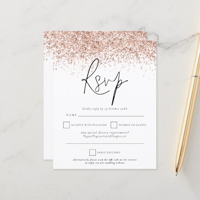 RSVP de Casamento Glitter Dourado Rosa de Código Q (Frente/Verso In Situ)