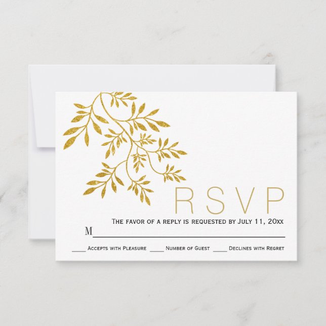RSVP de casamento moderno das folhas Douradas (Frente)