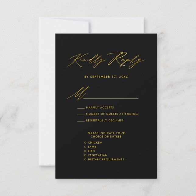 RSVP de Casamento Negra Moderno de Script Dourado  (Frente)