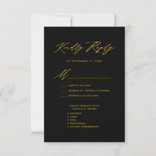 RSVP de Casamento Negra Moderno de Script Dourado