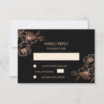 RSVP de Casamento Negro Dourado Rosa Floral